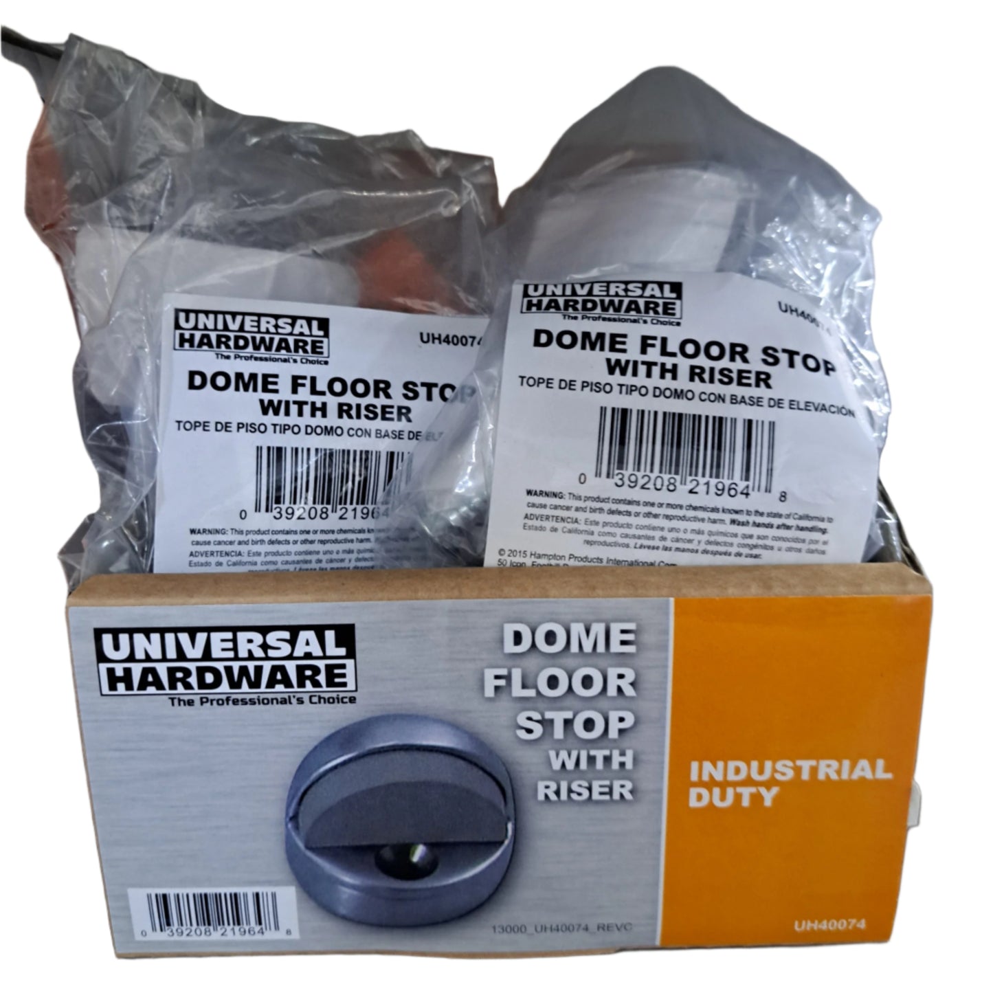 Box containing two Universal Hardware Dome Floor Stops with Risers, labeled "industrial duty.