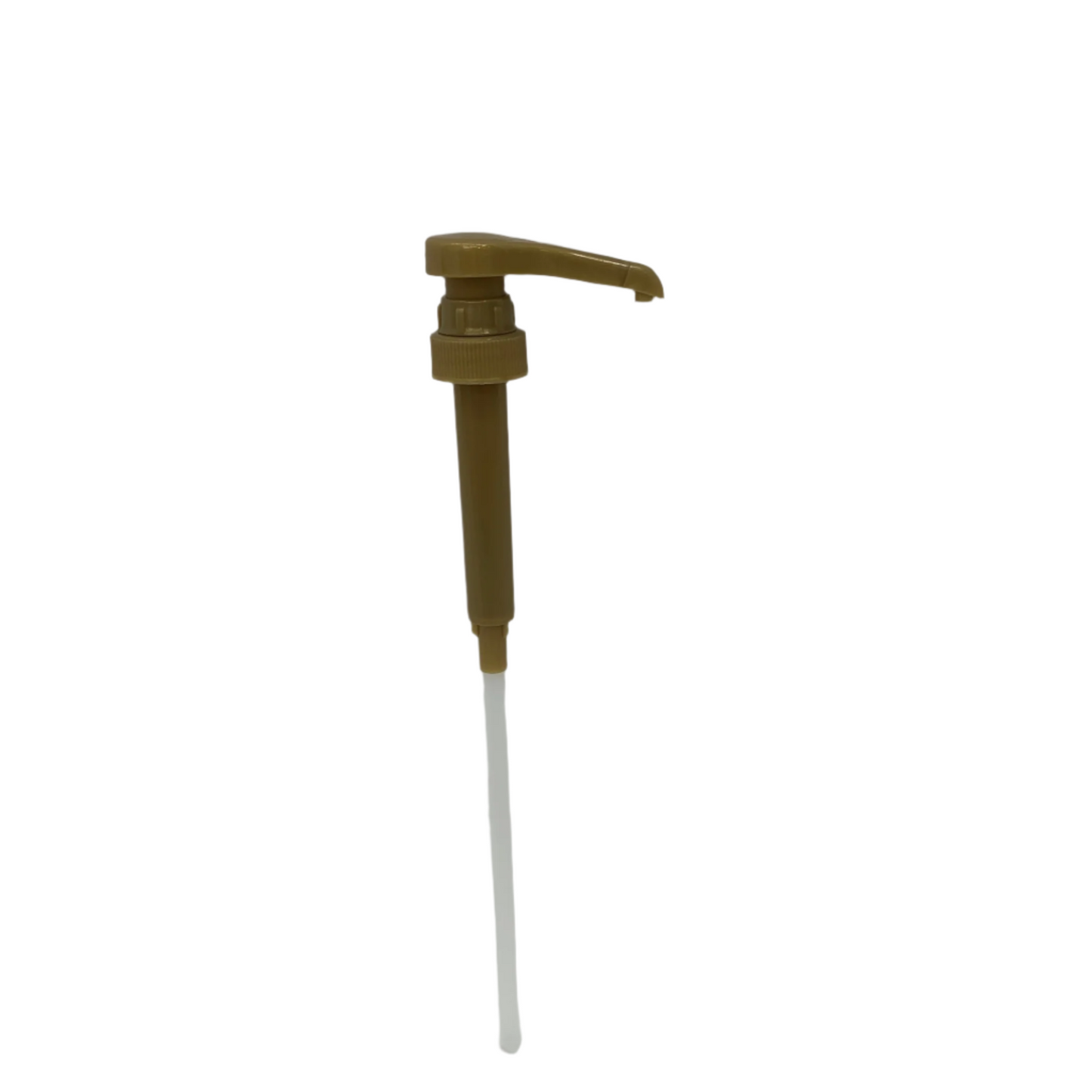 A syrup pump with a brown plastic dispenser and a white tube attached, placed against a plain neutral background.