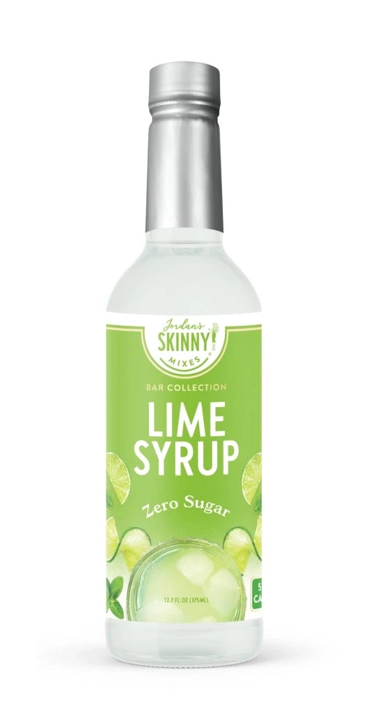 A clear bottle labeled "Sugar Free Lime Syrup, 12.7 oz" adorned with images of limes and lime slices.