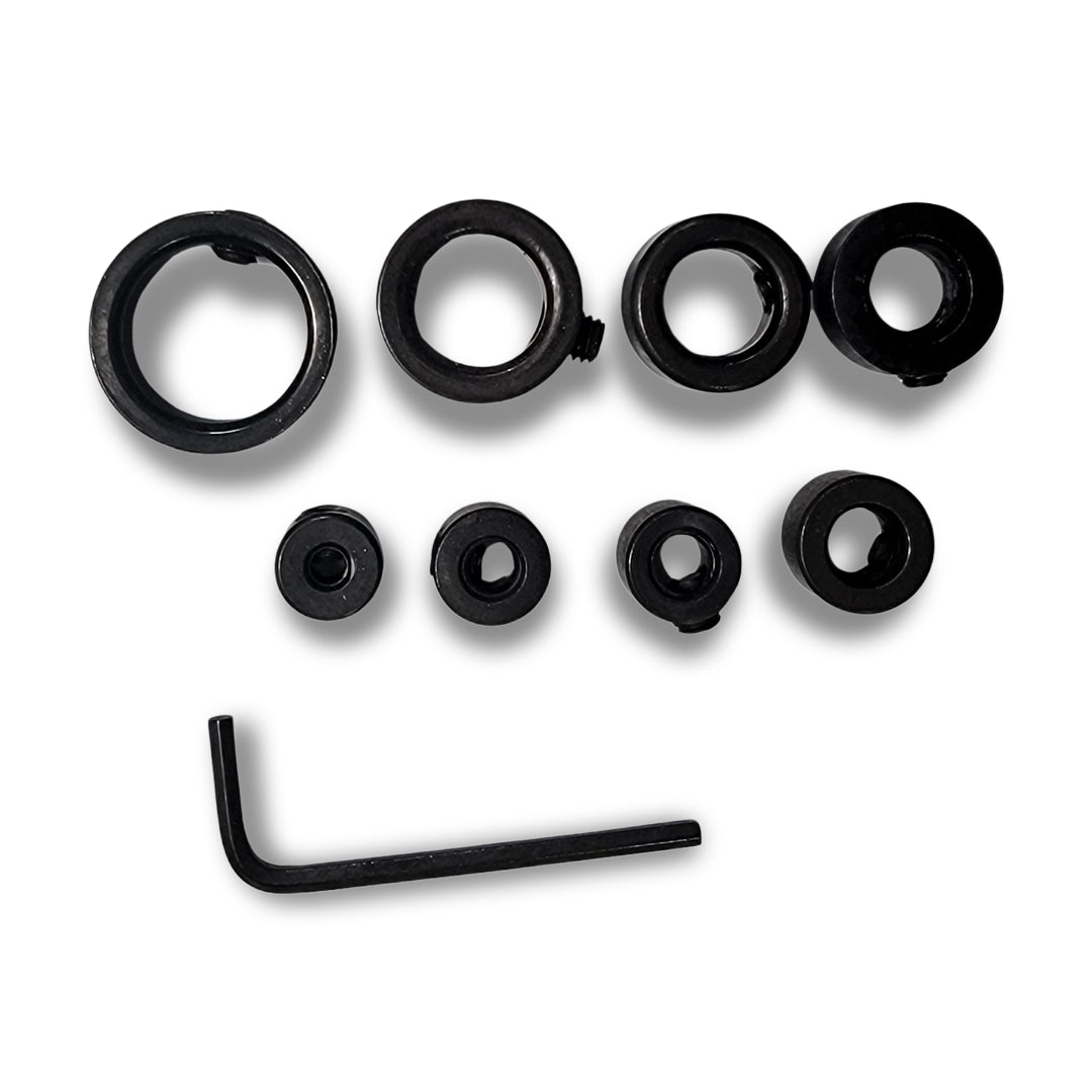 A set of 8pcs black metal stop collars in various sizes with an Allen wrench, arranged against a white background.