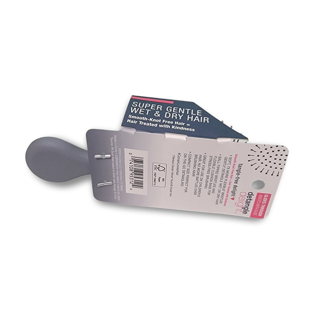 The Conair Detangle Delight hair brush, available in assorted colors, features a gray design and "Super Gentle Wet & Dry Hair" packaging. Its compact travel size makes it perfect for on-the-go styling.