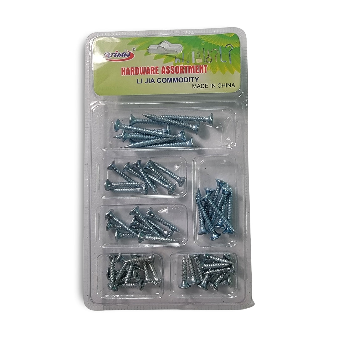Package of hardware asst screws from Li Jia Commodity, Made in China.