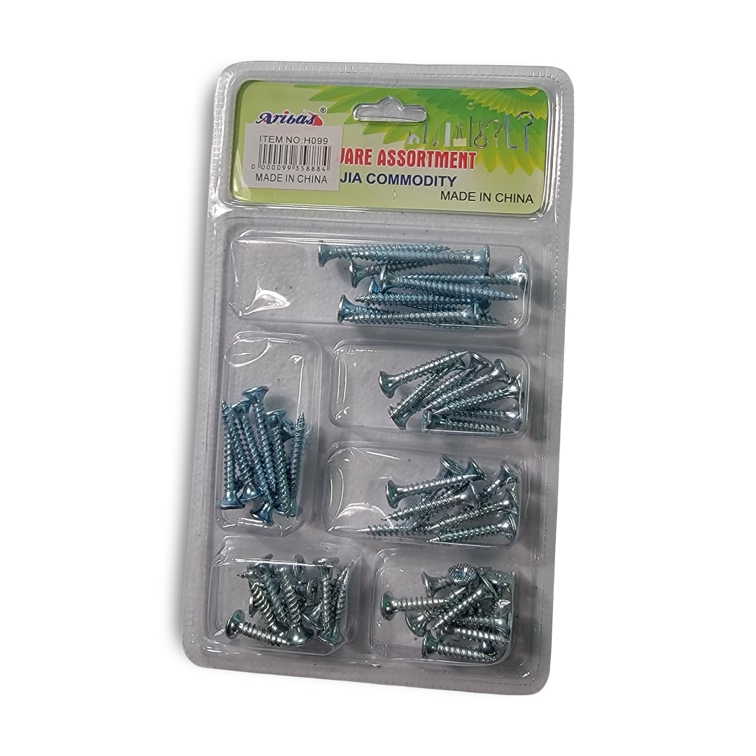 A clear plastic blister pack labeled "hardware asst screws" from Artiosa, featuring multiple compartments of screws made in China.