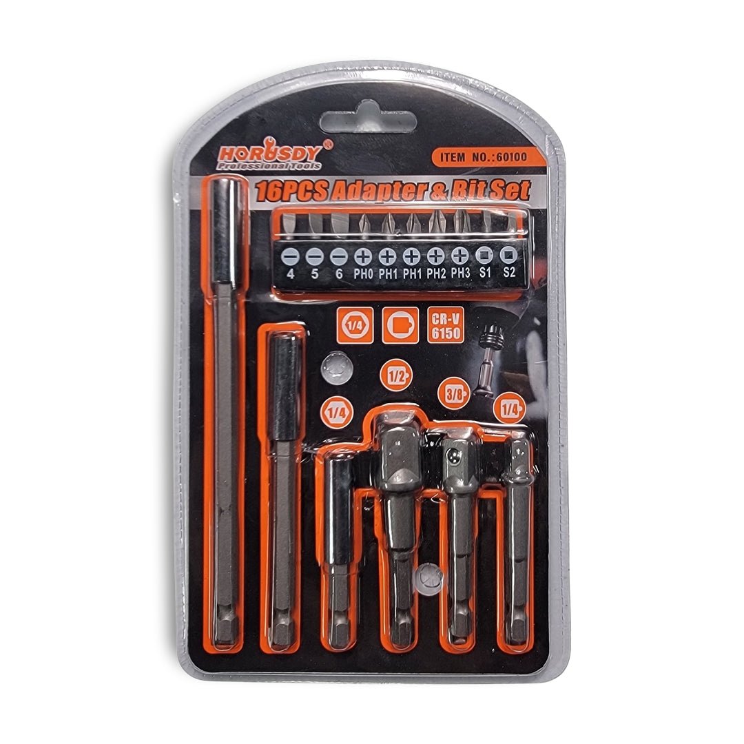 The Horusdy 16pc Adapter & Bit Sets come in plastic packaging and include various sockets and bits, labeled with sizes and types.