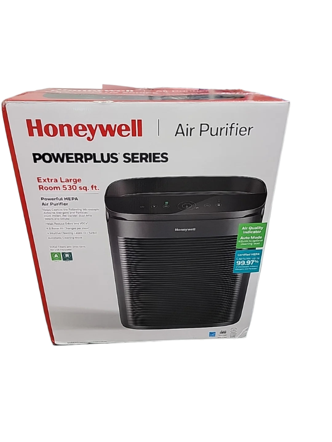 Honeywell Power Plus HEPA 530 sq. ft. Room Air Purifier's box for extra-large spaces features a powerful HEPA filter.