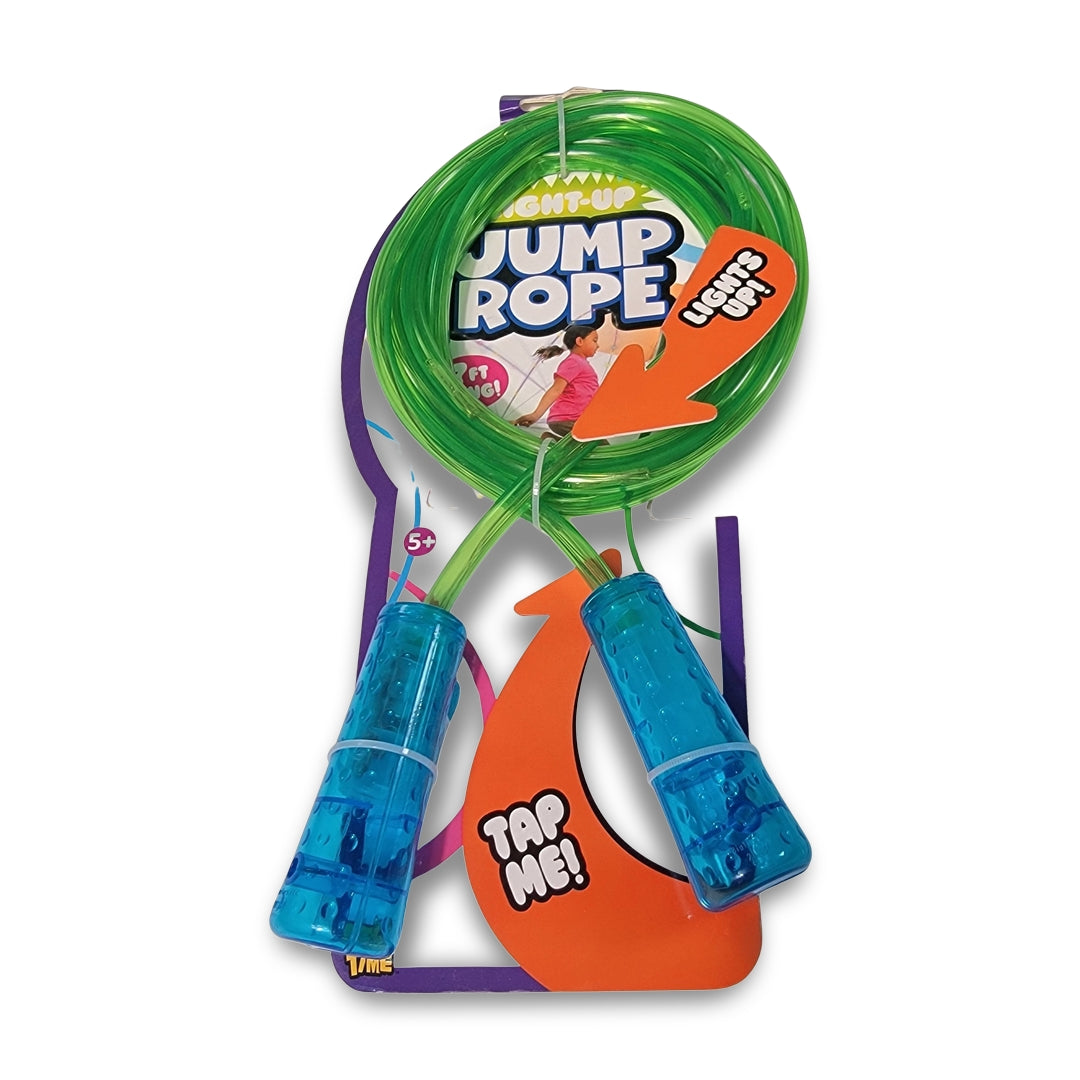 A jump rope that lights up with blue handles, packaged with a label featuring an orange arrow reading "Tap Me!" along with colorful graphics.