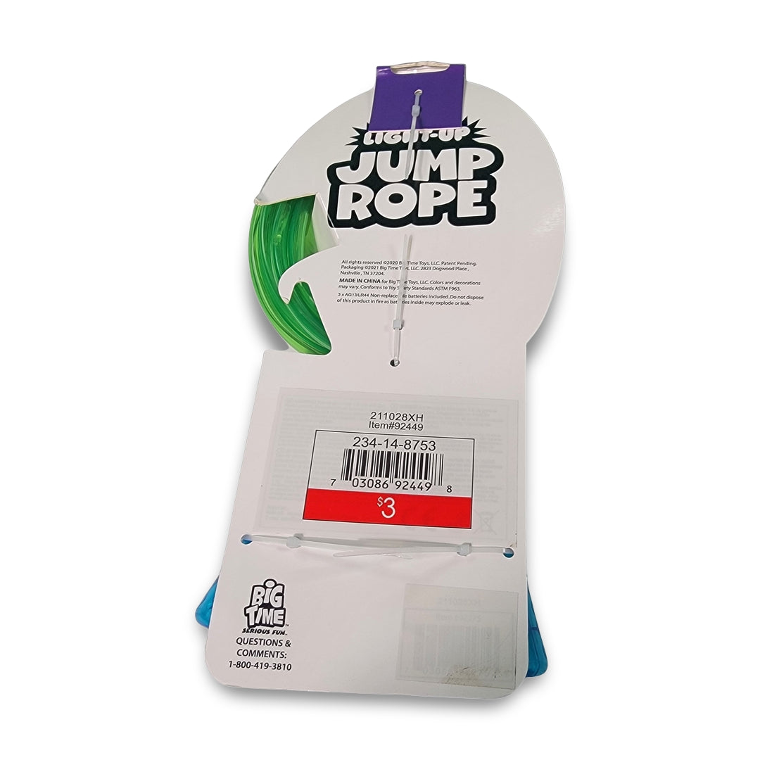Jump rope packaging reveals a green and blue rope with lights partially visible, priced at $3.