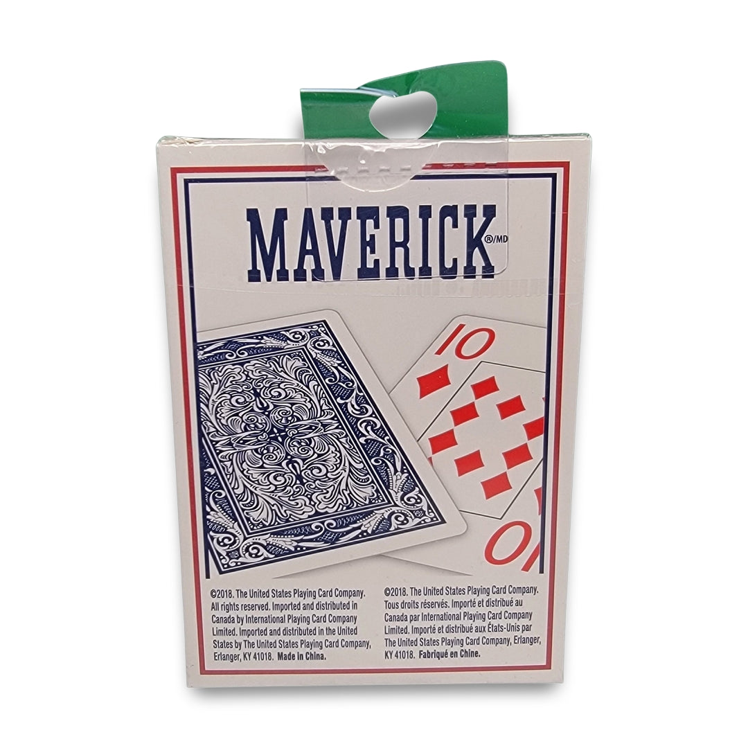 Box of Maverick jumbo playing cards with an intricate back design and a 10 of diamonds card illustration.