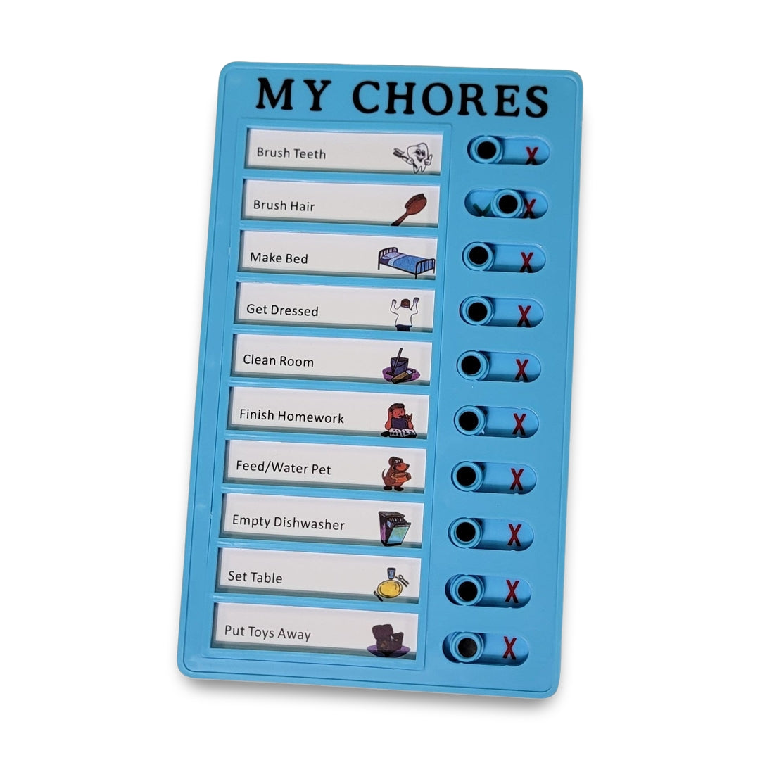 The "my chores" chart includes tasks like brushing teeth, making the bed, and cleaning the room. Some tasks are marked complete with red Xs.