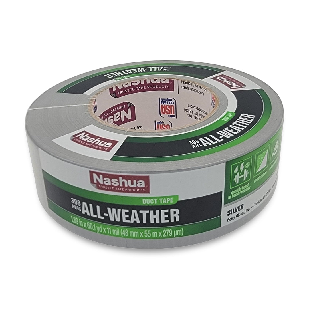 Nashua Duct Tape, All-Weather, silver color, dimensions 1.89 inches x 60.1 yards, comes with labels for product details and usage instructions.