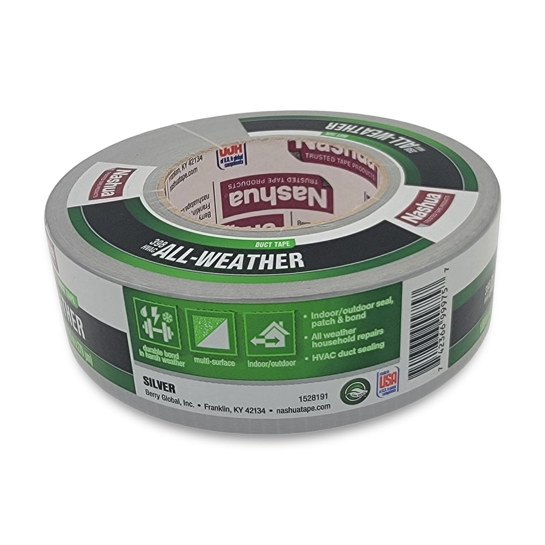 Roll of Nashua Duct Tape, silver in color with green and white packaging that includes various product icons and information.