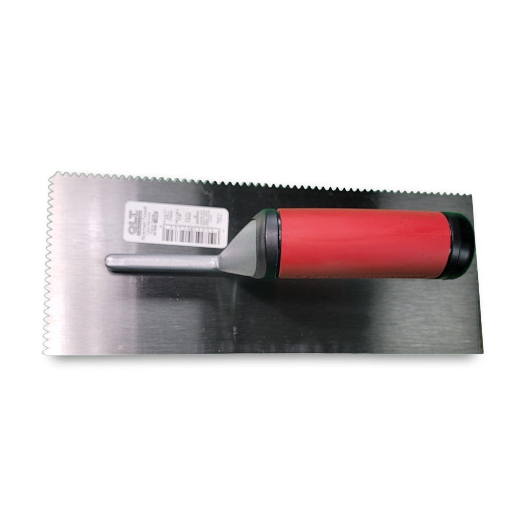 The QLT Notched Trowels feature a rectangular design with small teeth along one edge, a silver steel blade, and a red handle.
