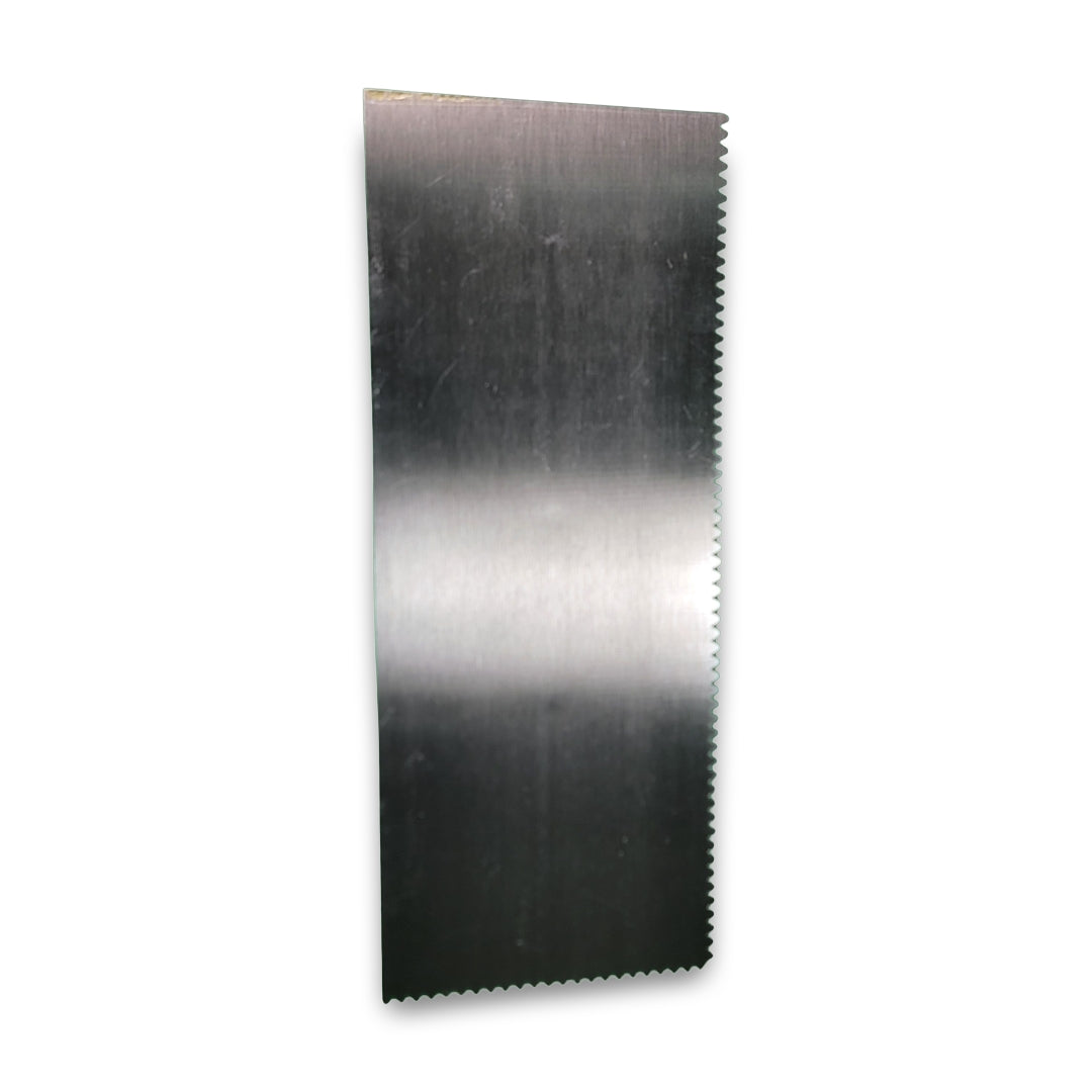 A vertical QLT Notched Trowel, resembling a rectangular metal saw blade with small teeth on one edge, is shown against a white background.
