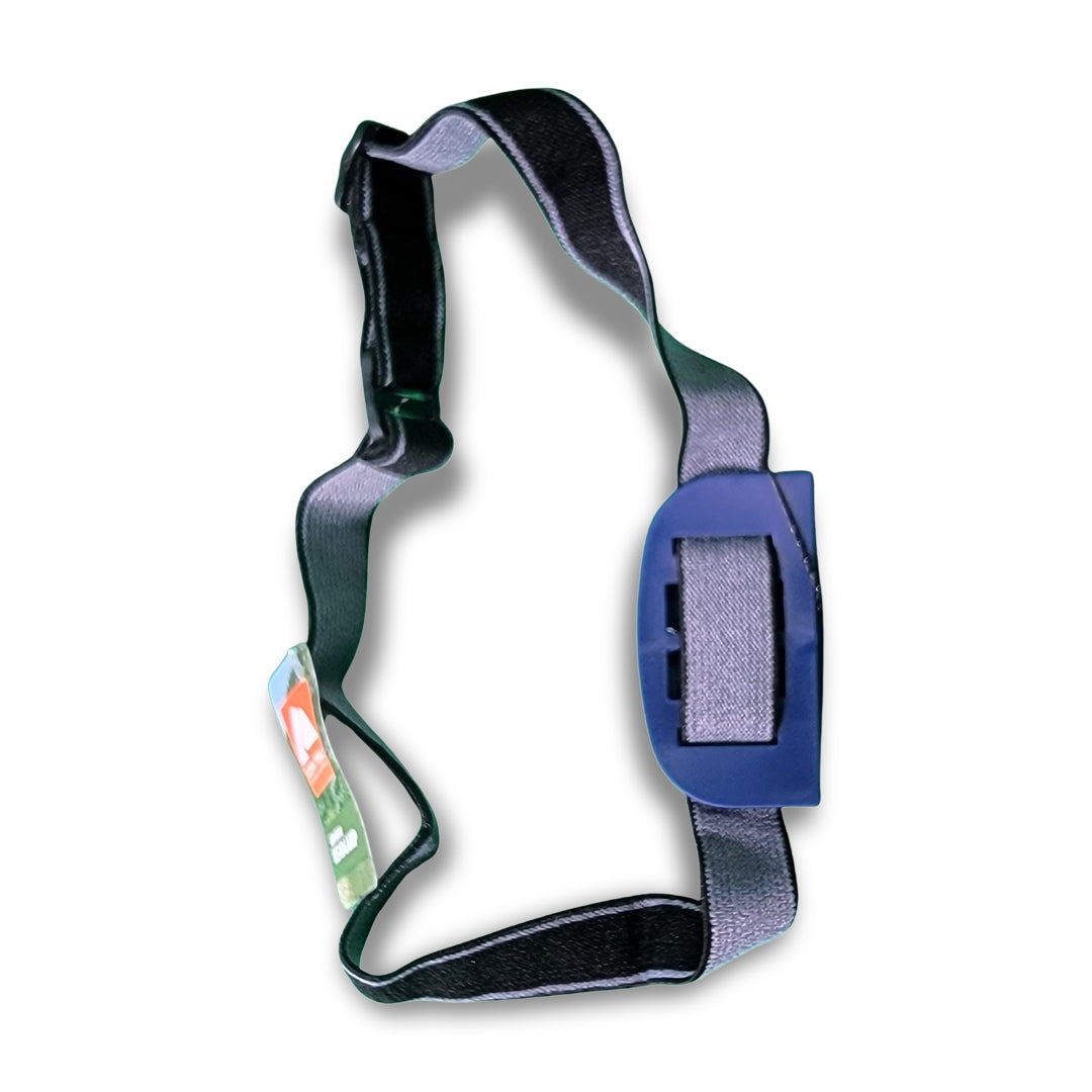 An Ozark Trail LED Mini Headlamp featuring a black and grey adjustable strap, complemented by a blue plastic buckle and a green tag.