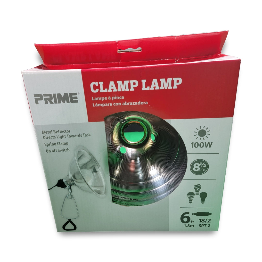 A box with a Prime Reflector Clamp Lamp includes 100W power, an 8.5-inch metal reflector, spring clamp, 6 ft. cord, and an on/off switch.