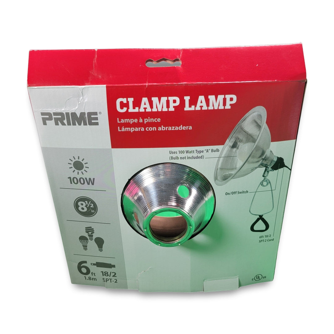 Box for a Prime Reflector Clamp Lamp, featuring 100W power, a 6 ft cord, silver finish, and an on/off switch.