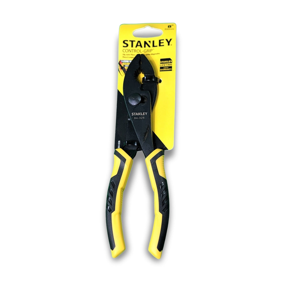Stanley 8" slip joint pliers in packaging, featuring black and yellow handles and a metal head.