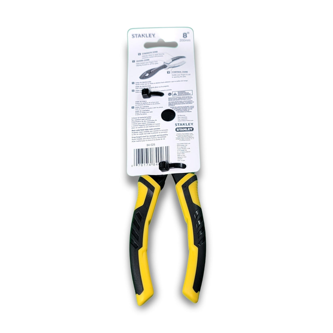 Stanley 8" slip joint pliers come attached to a display card showcasing brand and product details.