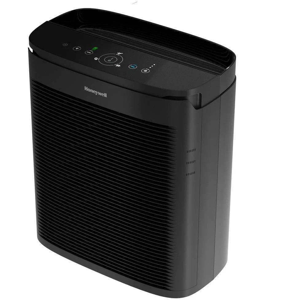 Honeywell Power Plus HEPA 530 sq ft Room Air Purifier in black, featuring control buttons on top, shown from an angled perspective against a white background.