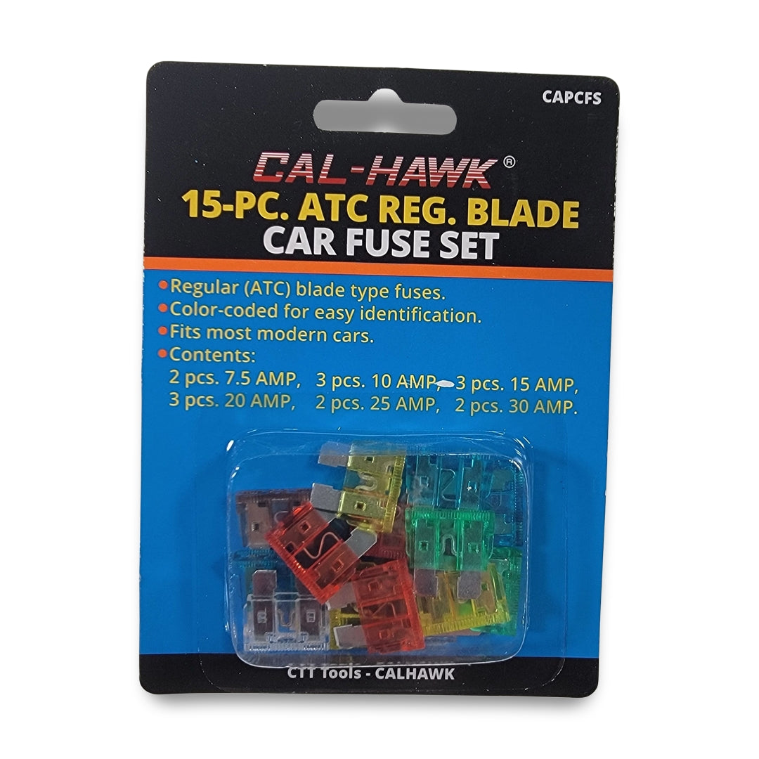 The 15-piece regular blade car fuse set from CAL-HAWK includes assorted amp ratings with color-coded fuses, visible through the clear packaging.