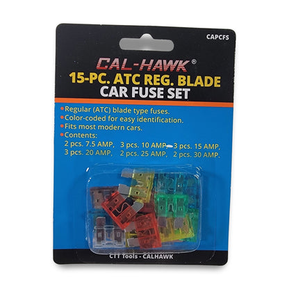 The 15-piece regular blade car fuse set from CAL-HAWK includes assorted amp ratings with color-coded fuses, visible through the clear packaging.