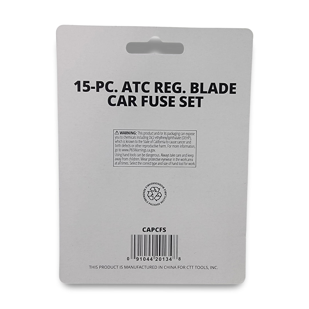 The 15pc car fuse set regular blade comes in packaging featuring a warning label and a barcode.