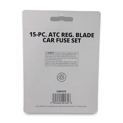 The 15pc car fuse set regular blade comes in packaging featuring a warning label and a barcode.