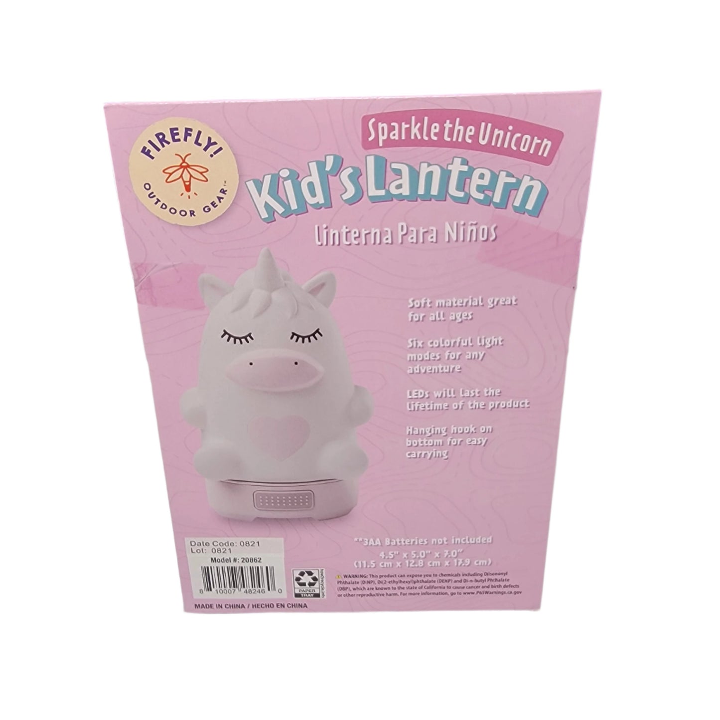 Introducing the Sparkle the Unicorn Kid's Lantern, designed with a soft material and equipped with an LED light and a hanging hook. The packaging comes in pink, featuring text in both English and Spanish.