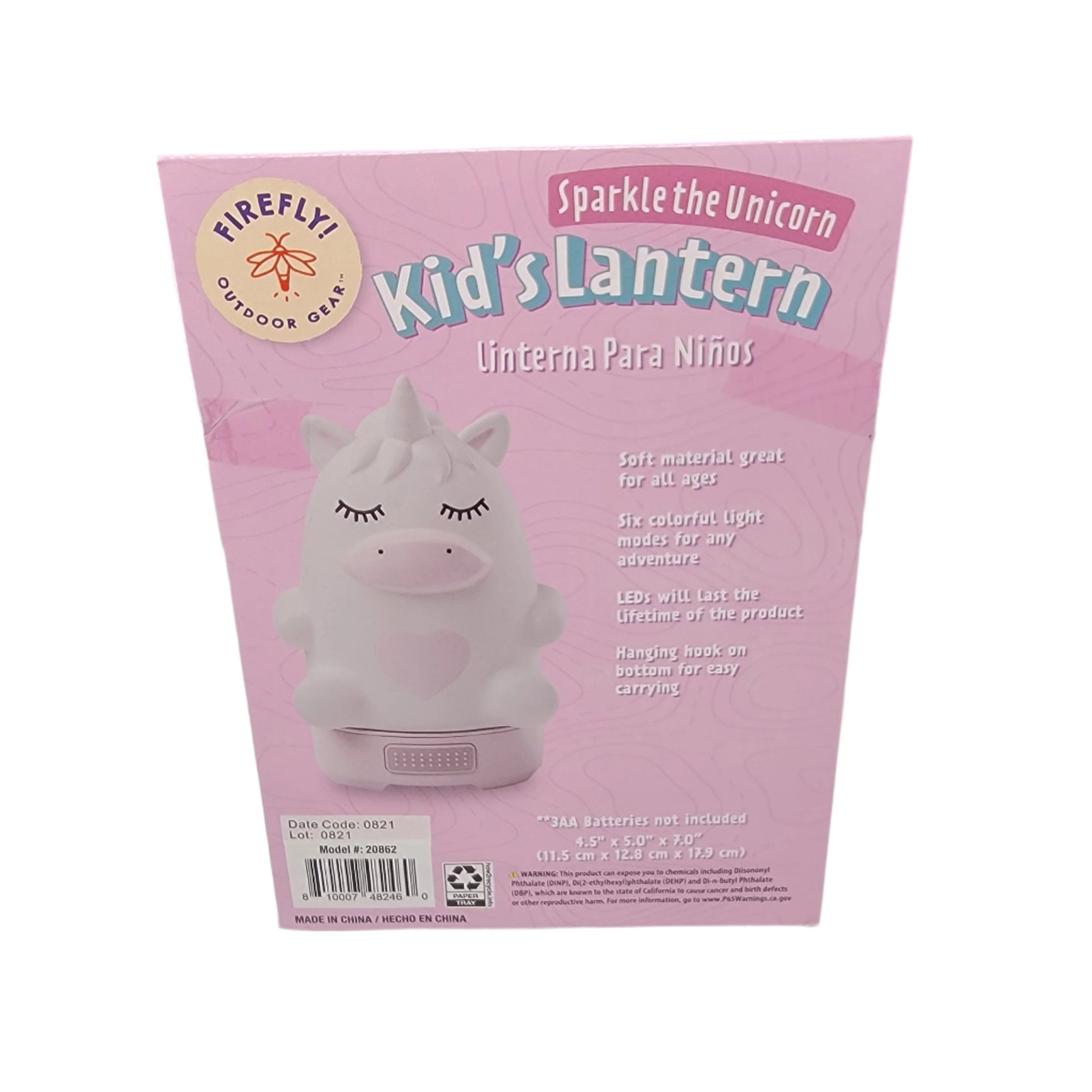 Introducing the Sparkle the Unicorn Kid's Lantern, designed with a soft material and equipped with an LED light and a hanging hook. The packaging comes in pink, featuring text in both English and Spanish.