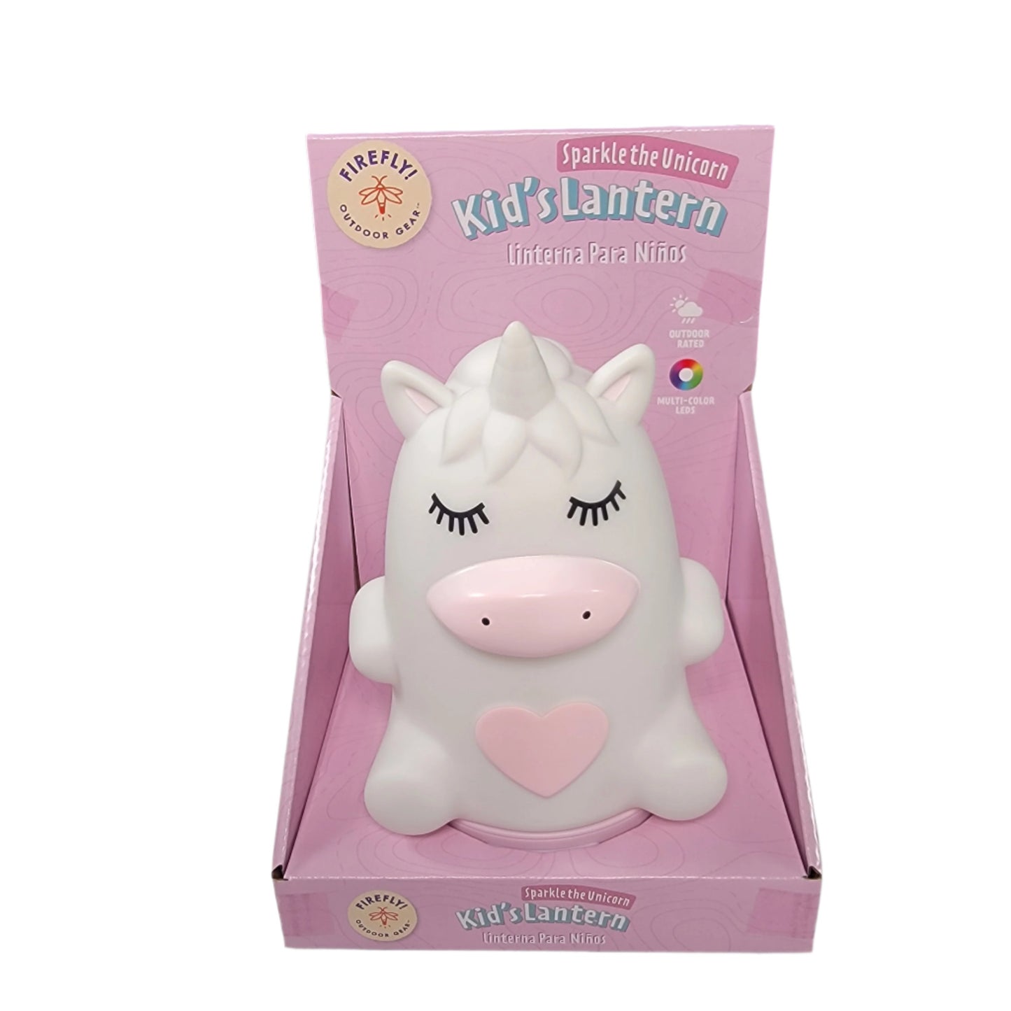 A unicorn-shaped kid's lantern packaged in a pink box, labeled "Sparkle the Unicorn Kid's Lantern.