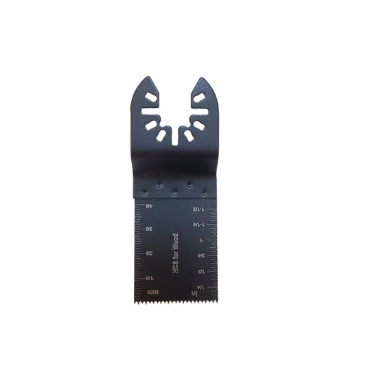 Black oscillating blade with measurement markings, toothed edge, and Universal Fit label from the Oscillating blade individual product line.