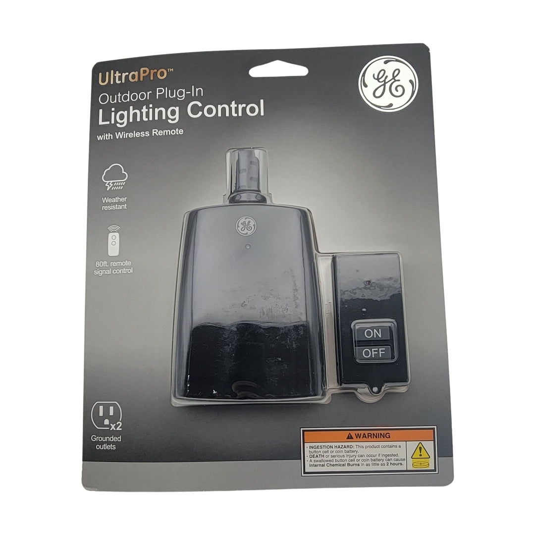 GE UltraPro Outdoor Plug-In Lighting Control, equipped with a wireless remote, showcases a weather-resistant design and includes grounded outlets.