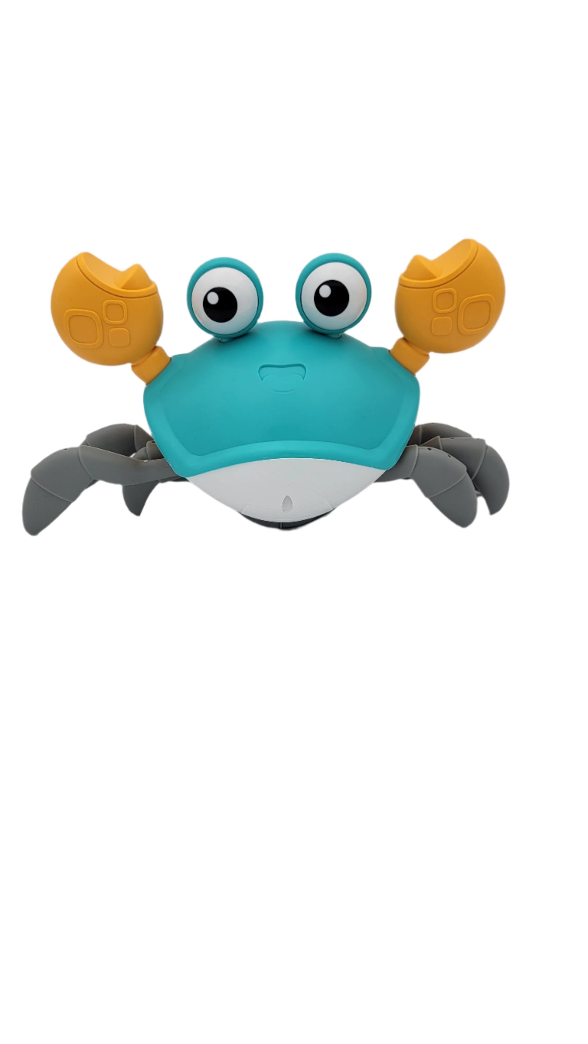 Cute crab with big eyes, orange claws, and grey legs on a white background.