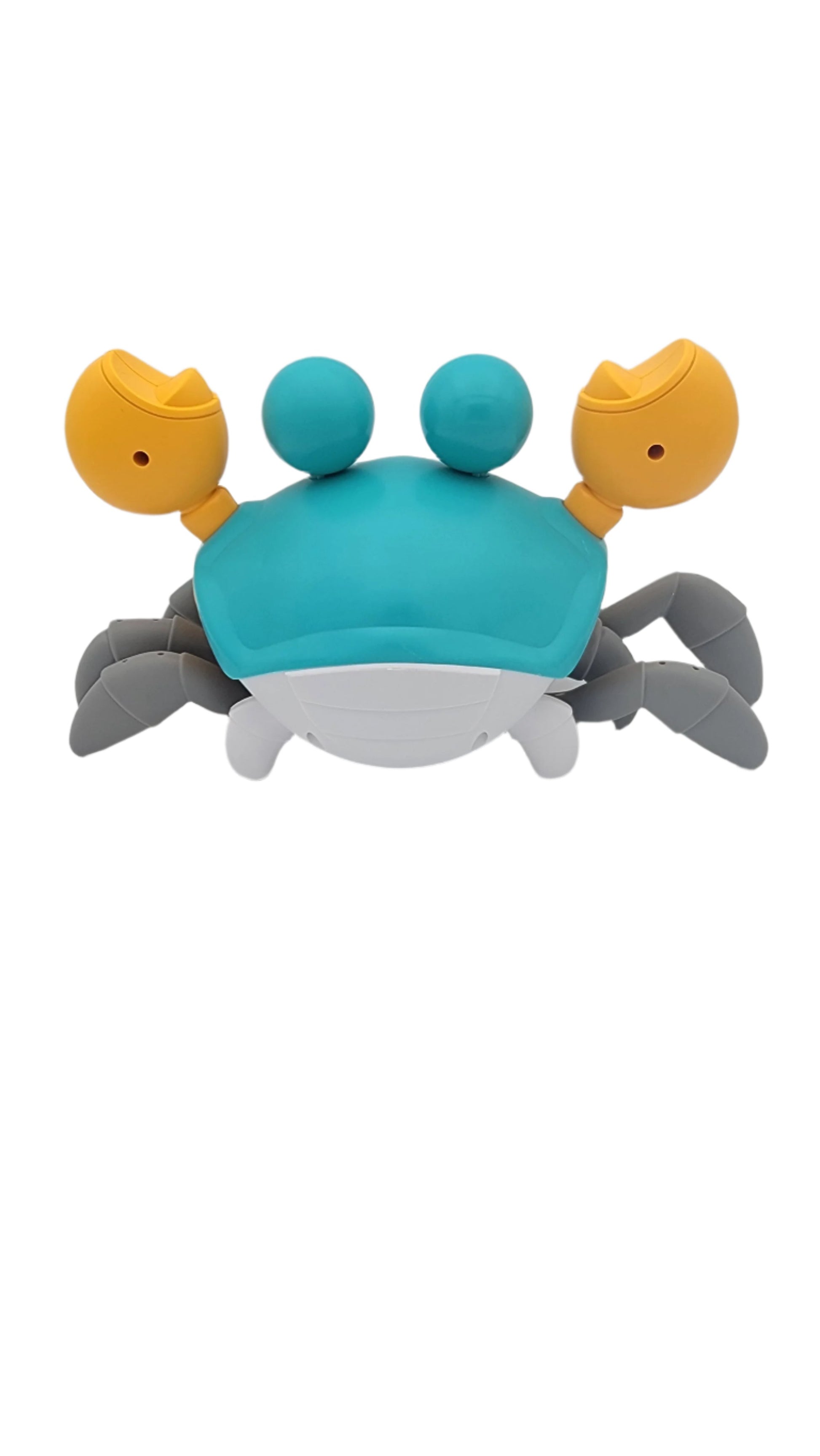Product Description: The Cute crab is a vibrant toy featuring a turquoise shell, yellow claws, and grey legs set against a white background.