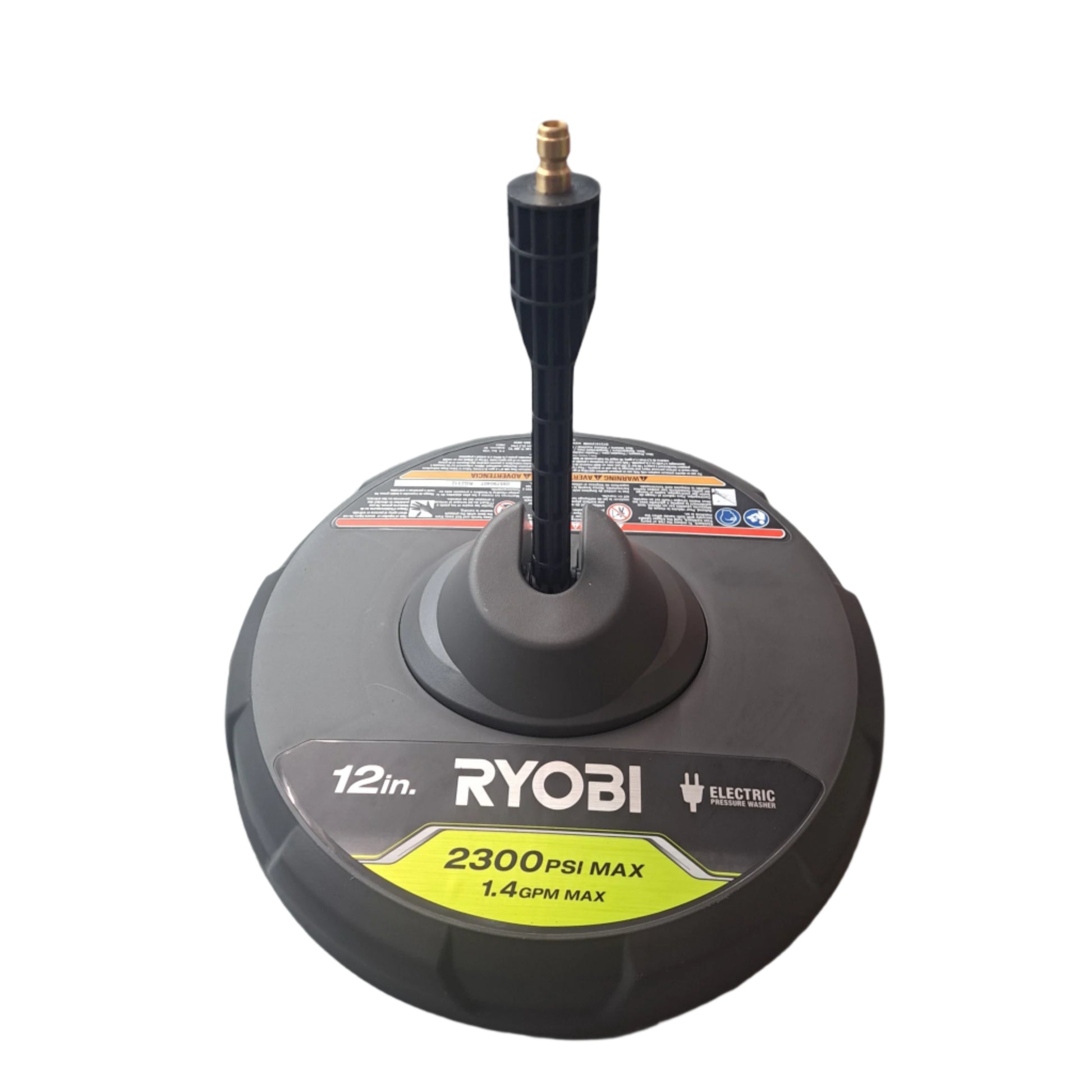 A Ryo 12-inch surface cleaner attachment with a pressure rating of 2000 PSI and 1.4 GPM, suitable for electric pressure washers up to 2300 PSI, placed on a gray surface.