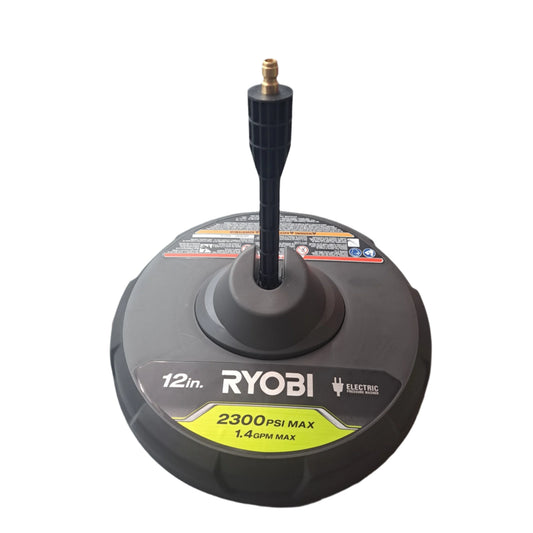 A Ryo 12-inch surface cleaner attachment with a pressure rating of 2000 PSI and 1.4 GPM, suitable for electric pressure washers up to 2300 PSI, placed on a gray surface.