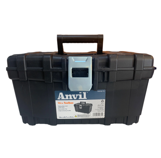 An Anvil 16" Tool Box in black, featuring heavy-duty resin construction and a removable tray for added convenience, sits on a table against an orange wall with a metal latch.