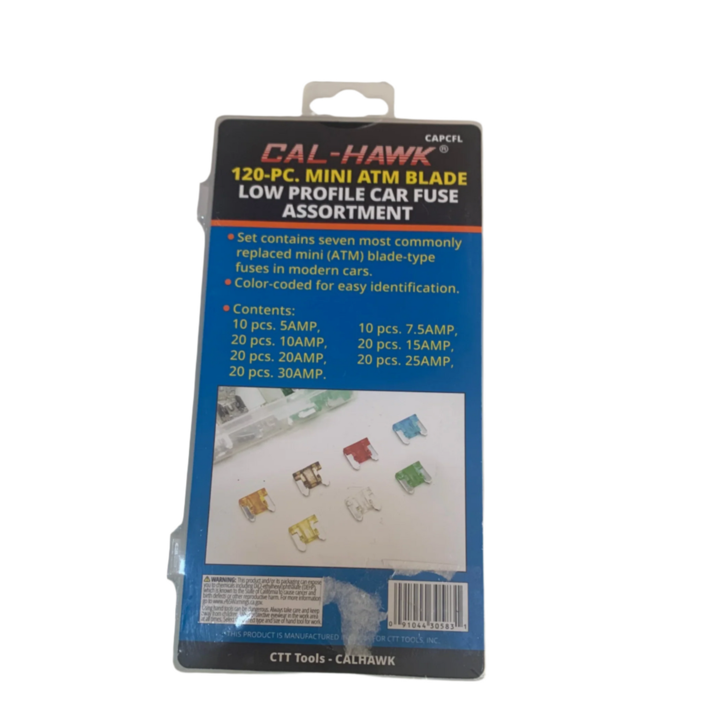 Package of Cal-Hawk 120-pc car fuse set, color-coded for easy identification, with 7 common amp sizes displayed on the cover.