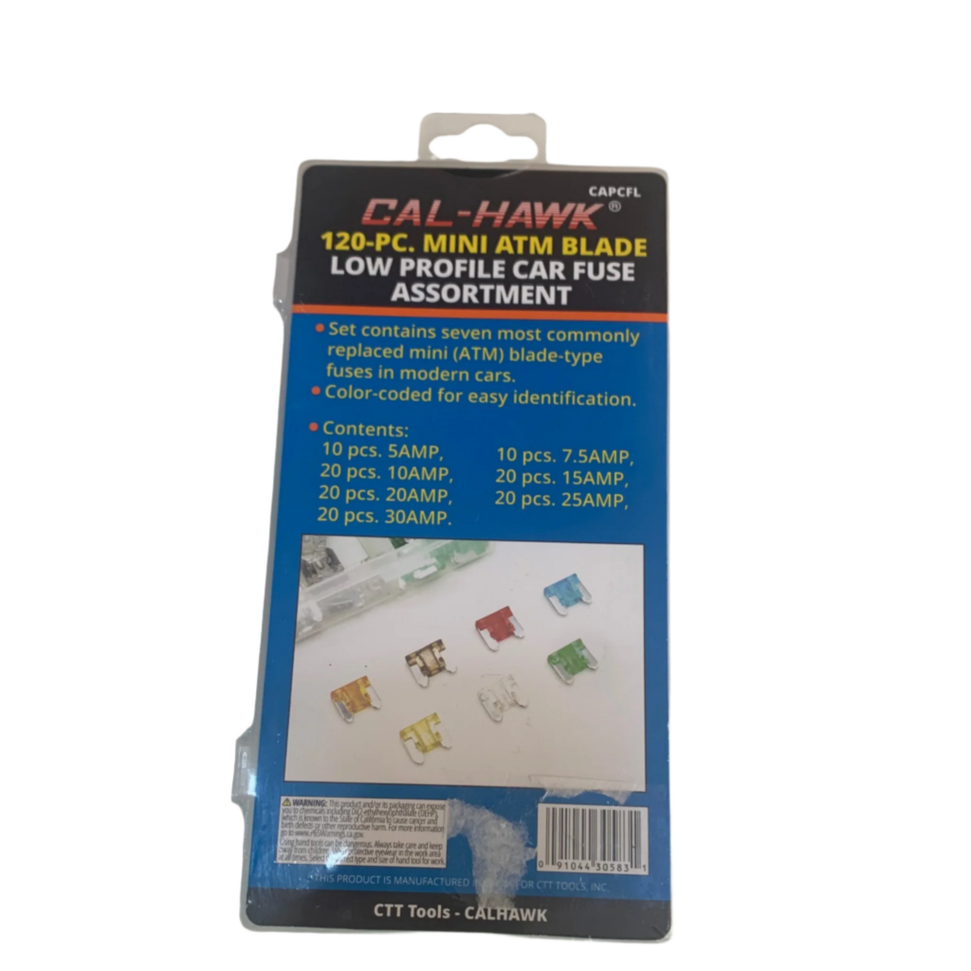Package of Cal-Hawk 120-pc car fuse set, color-coded for easy identification, with 7 common amp sizes displayed on the cover.