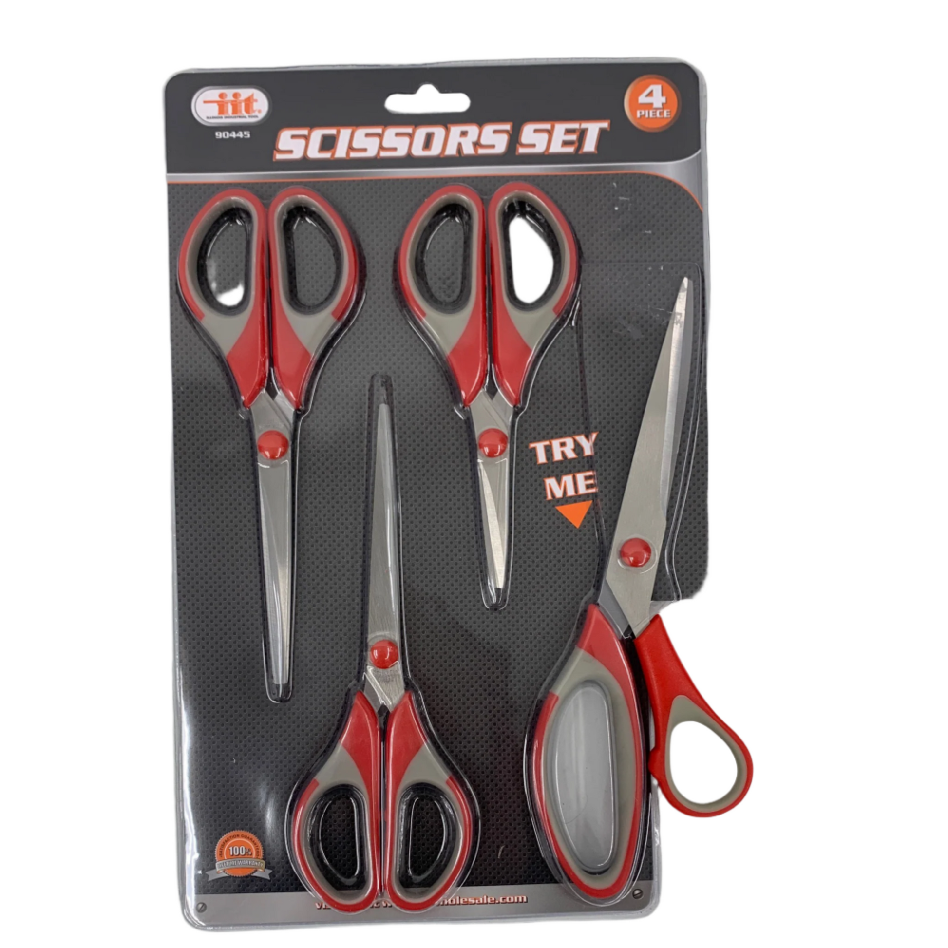 Unopened iiT Soft Grip 4pc Scissor Sets featuring red and black handle scissors.