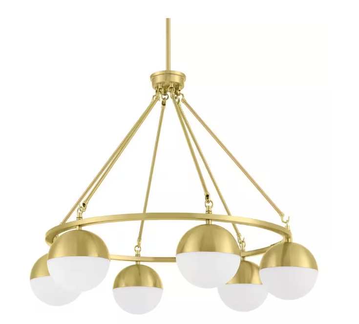 The Home Decorators Collection Palla 6-Light Gold Globe Chandelier features a circular frame with six spherical pendant lights suspended by metal rods.