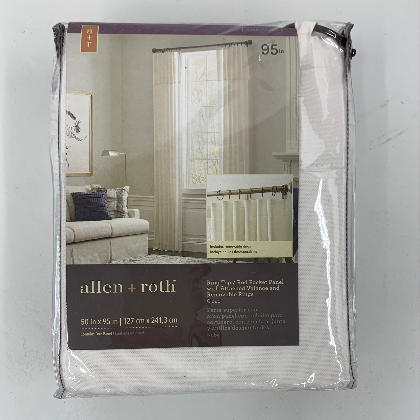 Allen+ Roth 50"x 95" Cloud Color Curtains package features a white curtain with ring top and rod pocket, displayed in a room with a sofa, lamp, and wall art.