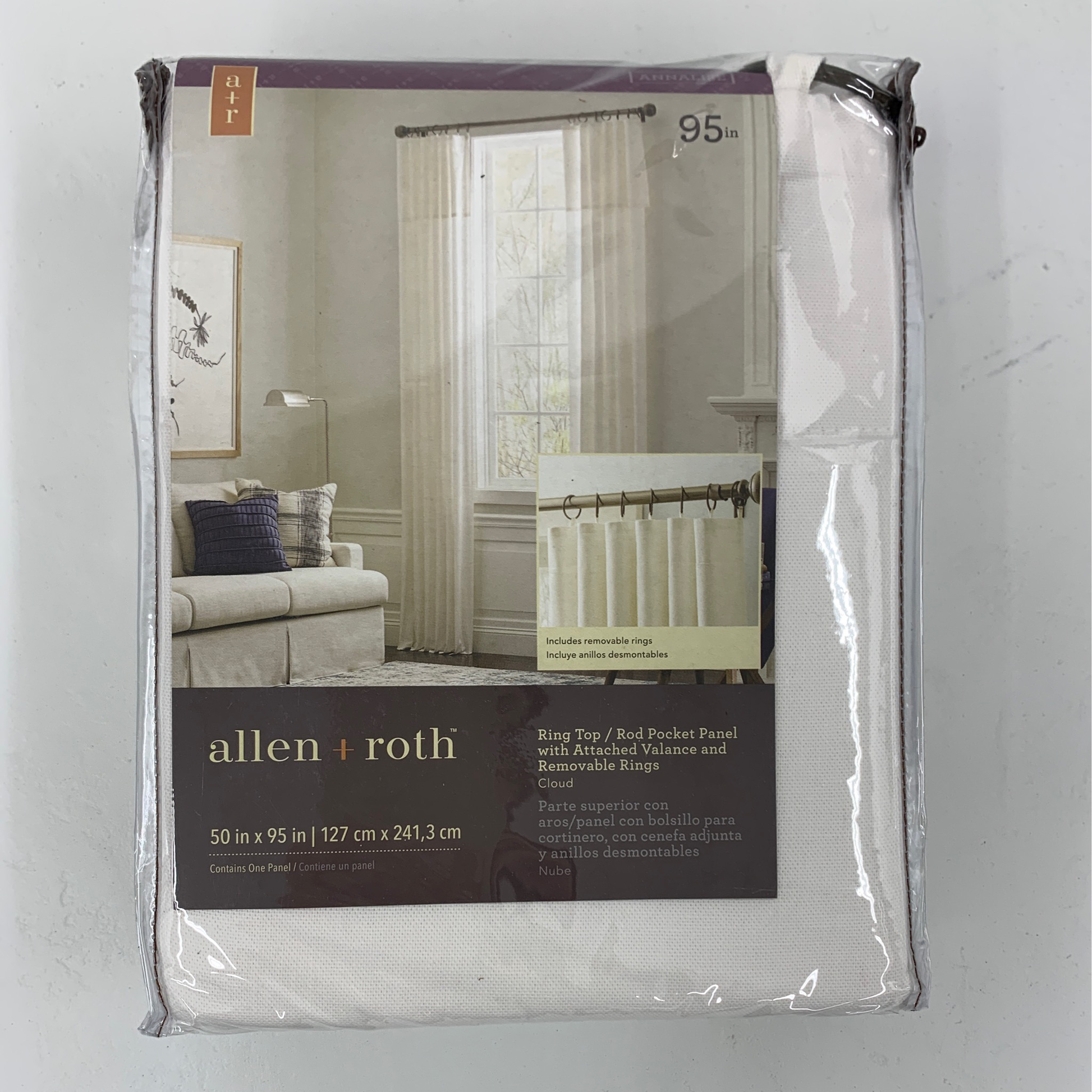 Allen+ Roth 50"x 95" Cloud Color Curtains package features a white curtain with ring top and rod pocket, displayed in a room with a sofa, lamp, and wall art.