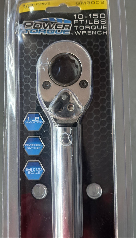 A Power Torque 1/2" Drive Torque Wrench in its packaging, featuring specifications of 10-150 ft/lbs, a reversible ratchet, and both SAE & MM scale.