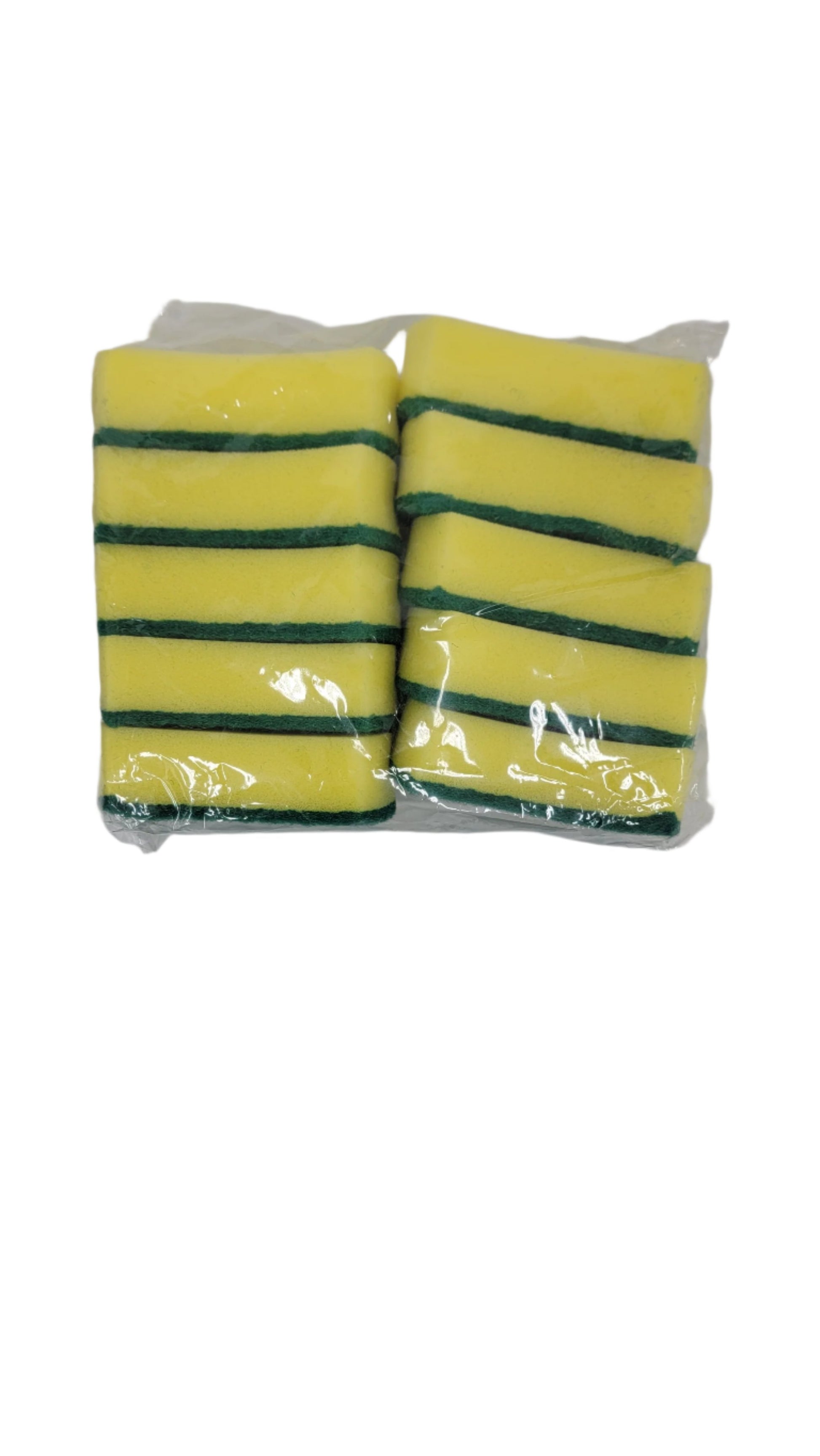 An 18 pack of yellow and green striped cleaning sponges sealed in clear plastic packaging against a plain white background.