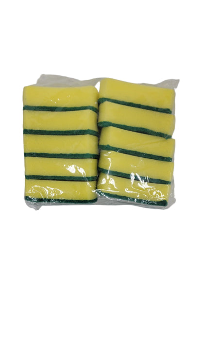 An 18 pack of yellow and green striped cleaning sponges sealed in clear plastic packaging against a plain white background.