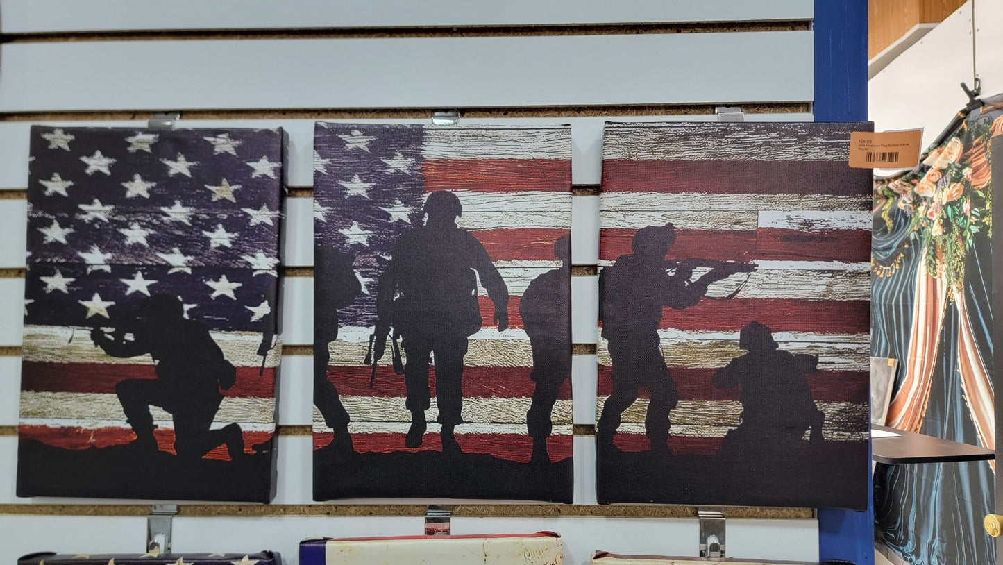 The 3pcs American Flag Soldier frame set features soldier silhouettes in different poses over a distressed flag background, creating striking canvas wall art for your space.