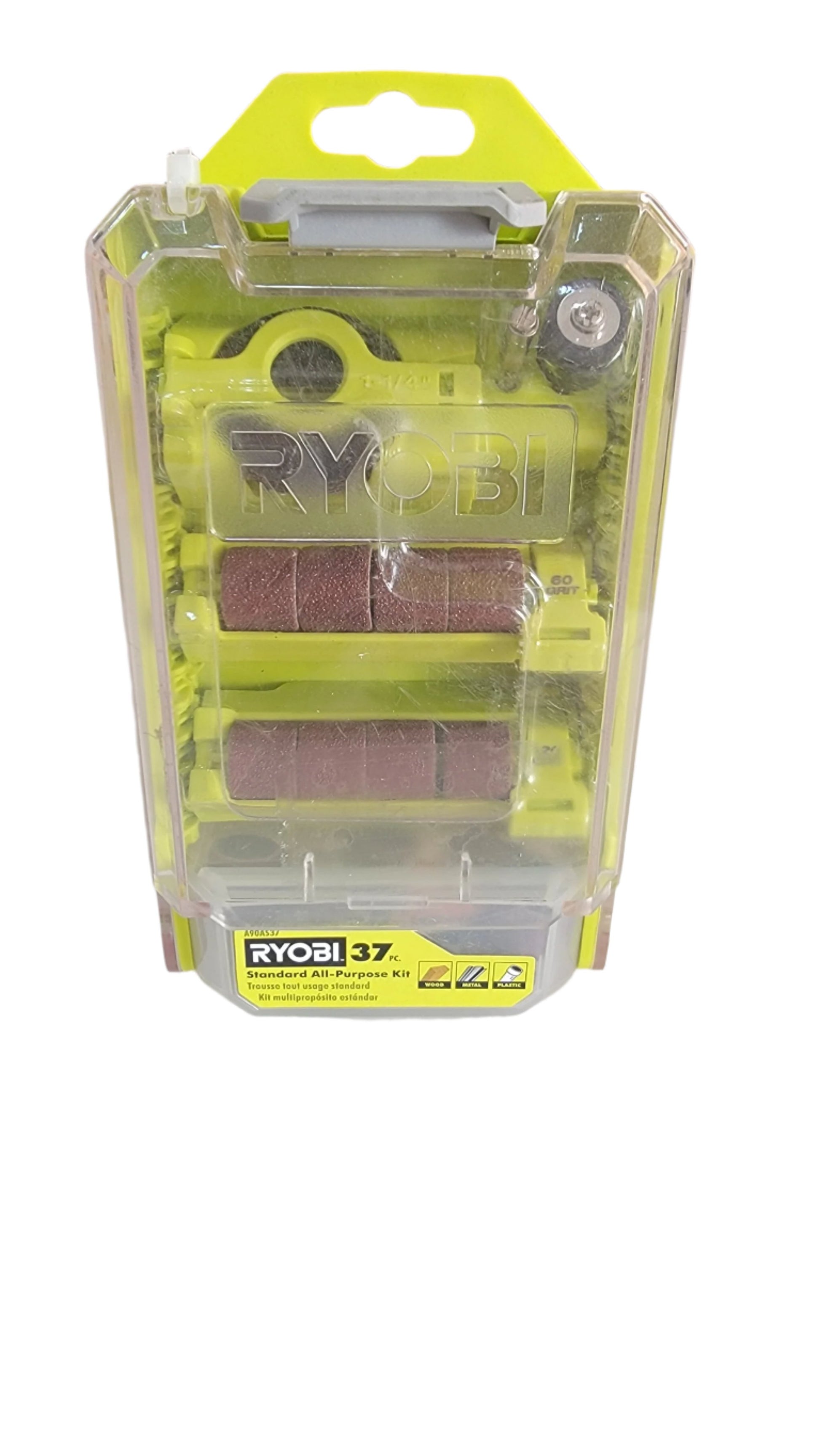 The RYO All-Purpose Kit (37-Piece) m17360506, packaged transparently, features a versatile sanding drum and replacement sleeves.