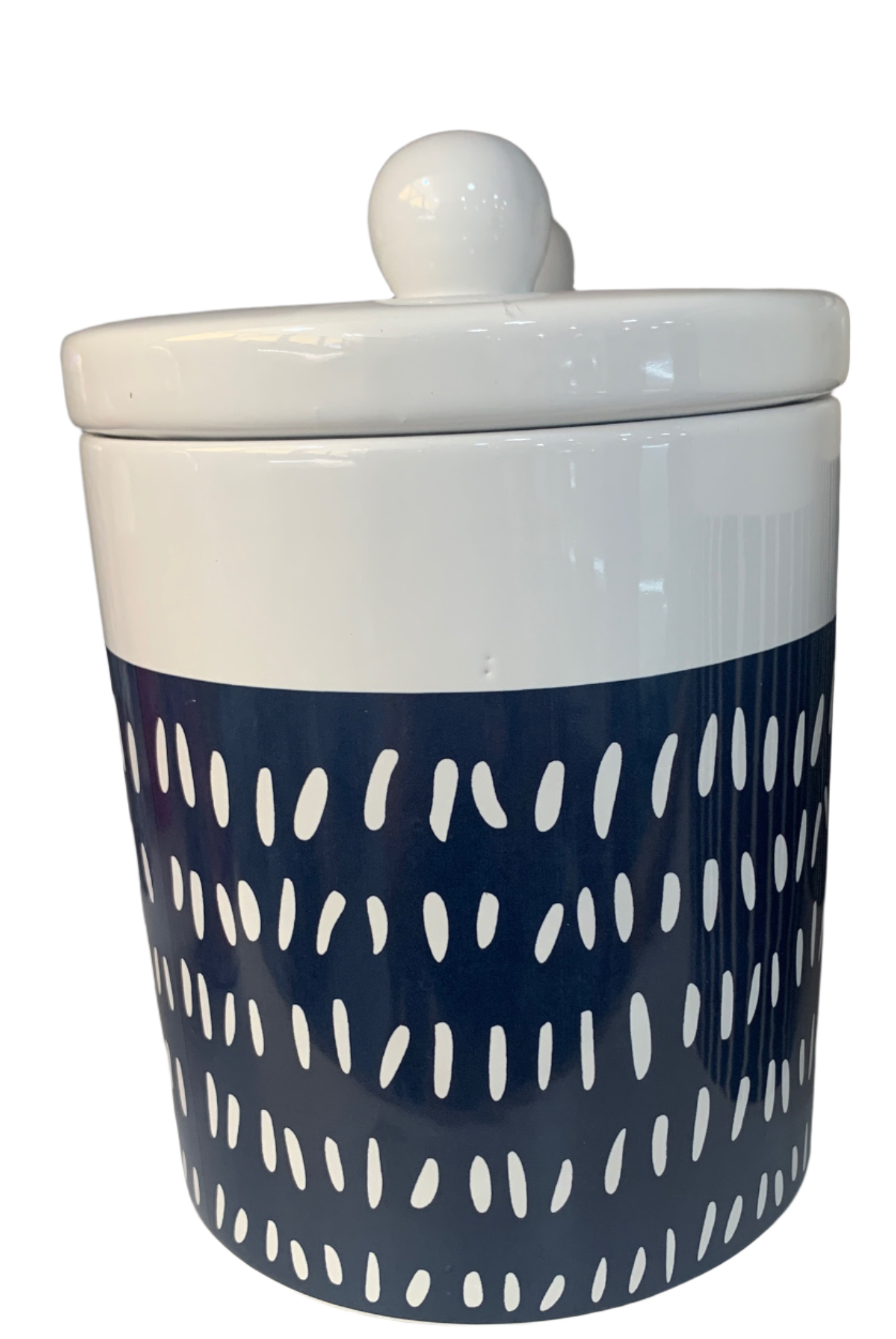 Pd home & garden canister set: white ceramic jar with lid, navy blue band, and abstract white dash patterns.