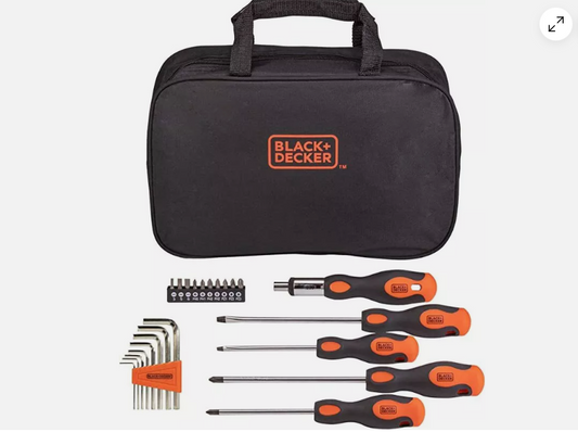 The Black & Decker 23-Pc. Screwdriver Set MM with Storage Bag includes a zippered black case, a set of Allen wrenches, a bit holder, and four screwdrivers with black and orange handles.
